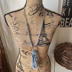 Silver Tone And Denim Necklace With Tassel Pendant